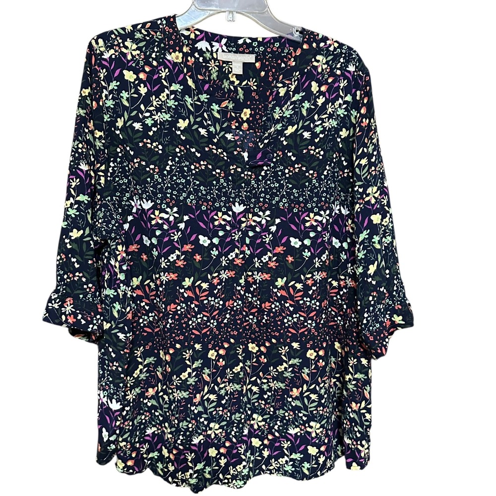 Woman Within Ditsy Dark Floral Print V Neck 3/4 Sleeve Tunic Top 1X Navy Blue